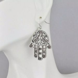 STAINLESS STEEL boho Hamsa God ✋️ Hand,  filigree Silver earrings.